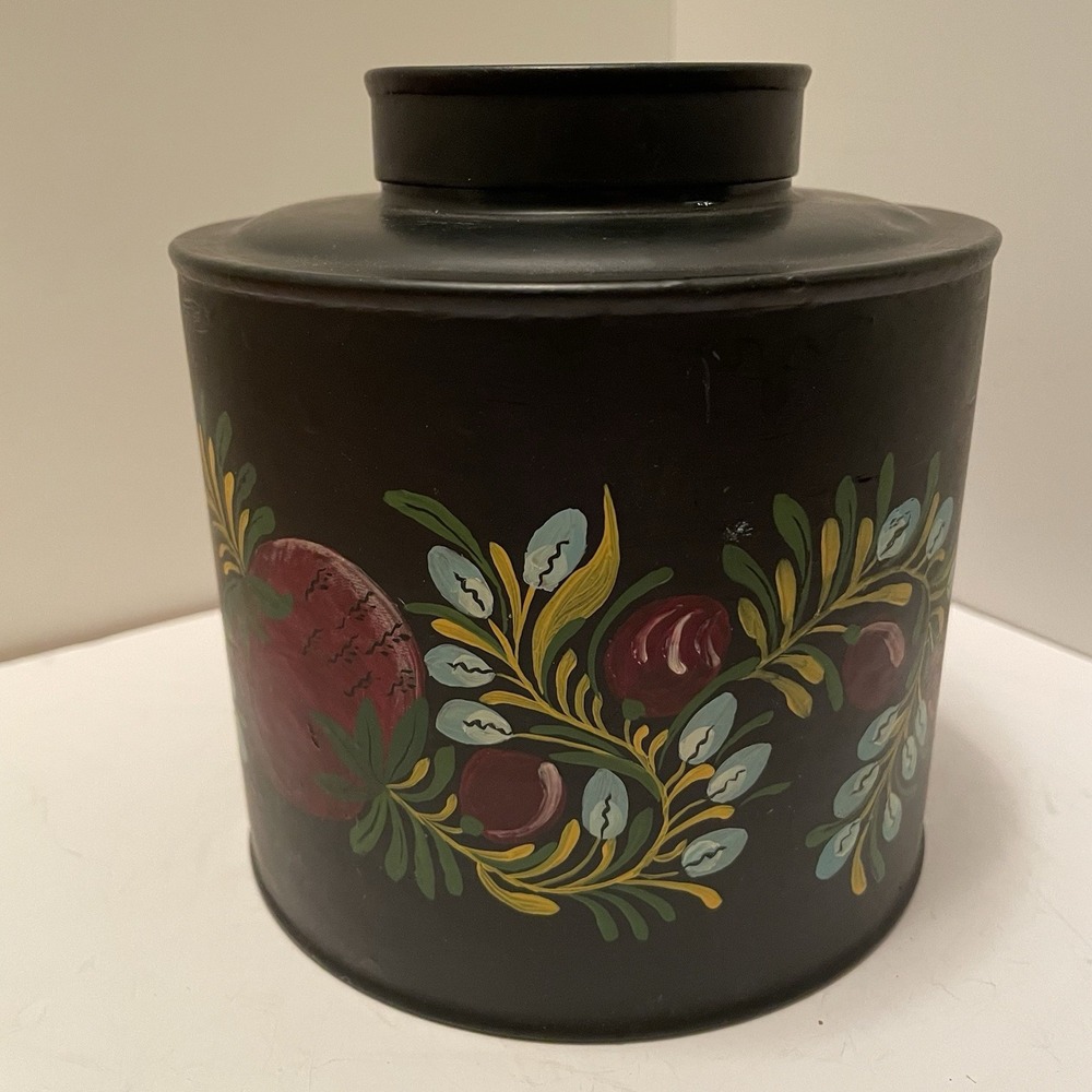 Vintage 1970 Signed Toleware Canister Hand Painted Folk Art Metal Tin
